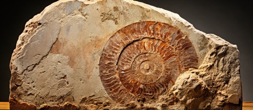 Fossilized evidence of ancient life Spiral fossil snail like shell With copyspace for text
