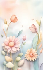 Flowers in a watercolor style. Drawn on a textured background in pastel colors, fit the photo wallpaper into rooms or home interiors. 3D render, Generative AI