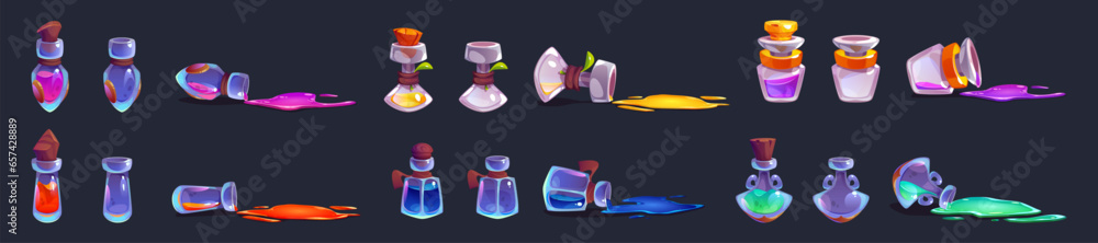 Aufkleber magic potion bottle animation with spill vector. fantasy witch glass elixir icon set. full and empty