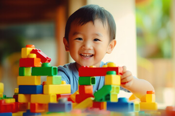 Fototapeta na wymiar Cute Asian boy playing with colorful building blocks in kindergarten