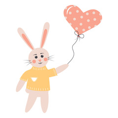 Cute rabbit with heart balloon. Easter bunny boy. Cartoon forest character.