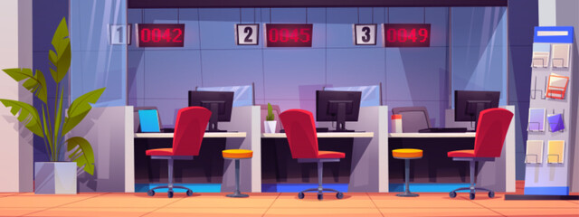 Bank customer service office interior - cartoon vector illustration. Financial company room from inside with workplaces with chairs, glass partitions and monitor, stand with brochures and green plant.