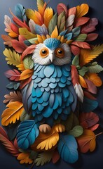 Naklejka premium 3D animal mural wallpaper with colorful leaves and feathers. Generative AI