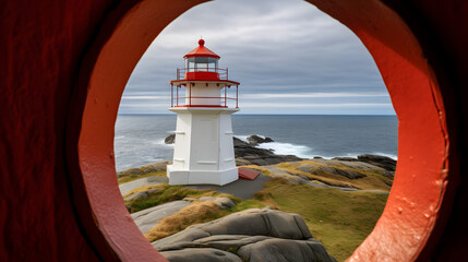 Lindesnes fyr, historic lighthouse in norway, seen through a rounded window  - obrazy, fototapety, plakaty