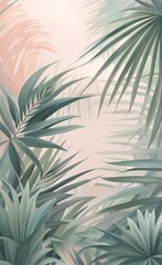 Tropical wallpaper in delicate pastel powdery, monochrome colors. Palm leaves and bamboo. Jungle, and Jungalow Style, Generative AI