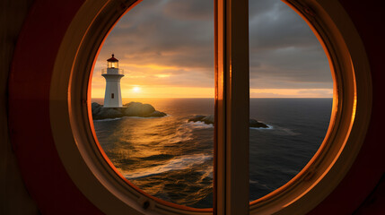 Lindesnes fyr, historic lighthouse in norway, seen through a rounded window  - obrazy, fototapety, plakaty