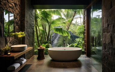 Stylish minimal design bathroom with tropical vibe, stone walls and lush jungle view. Generative AI