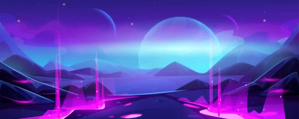 Papier Peint photo Violet Alien planet landscape with neon light glowing from cracks. Vector cartoon illustration of futuristic space background for game ui design, purple and blue hills, metaverse world, stars in night sky