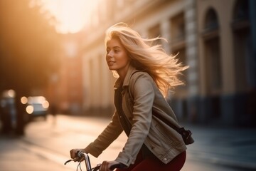 beautiful blonde american woman riding a bicycle on a road in a city street