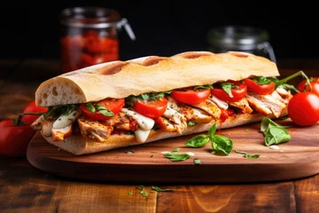 Foto op Canvas baguette sandwich with grilled chicken and tomatoes © altitudevisual