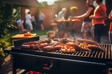 Assorted delicious grilled meat on barbecue grill. Family and friends having a barbecue party with fun. Dinner party and weekend activity concept. Generative AI.
