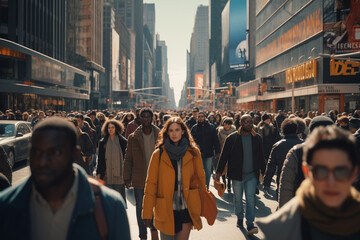 Crowd of people walking on city street in rush hour. City life with busy people and transportation. Generative AI.