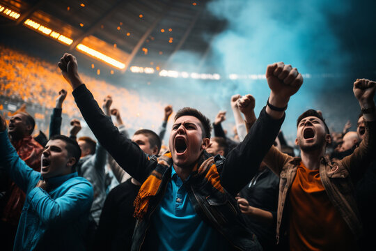 Excited sport fans celebrating and cheering their team in stadium. Football fans watching football match. Sport, human emotions, entertainment concept. Generative AI.