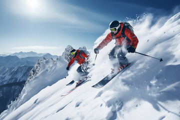 Naklejka na ściany i meble Skiers skiing on snowy slope in the mountains. Adventure sport activity in the winter season. Generative AI.