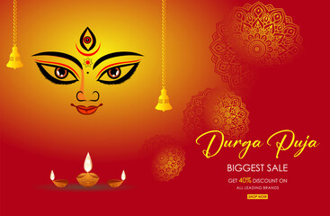 happy durga puja creative banner background design with goddess durga face illustration indian festival - obrazy, fototapety, plakaty