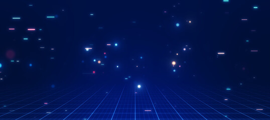 Abstract cyber digital technology concept. Grid below lines and glittering particles on a dark blue background.