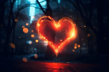 a bright red neon heart glowing in the black