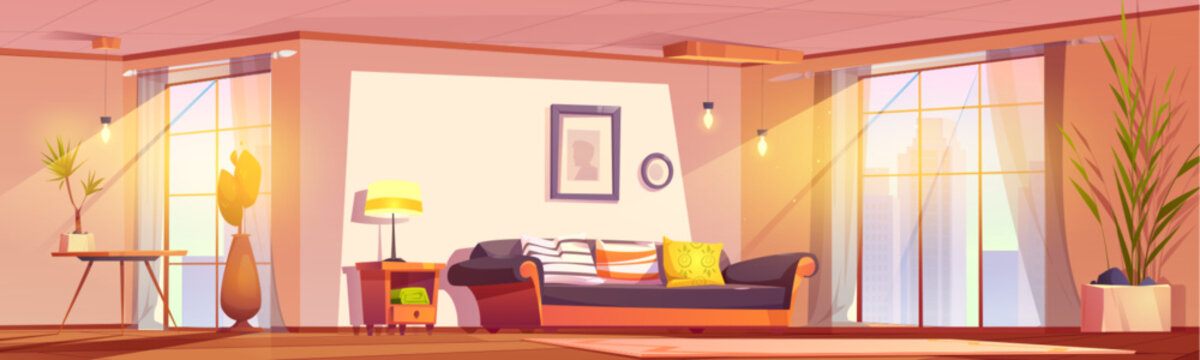 Light living room in modern apartment with cityscape view in window. Vector cartoon illustration of home interior with couch, lamp on table, framed pictures on wall, carpet on floor, morning sunlight