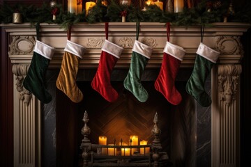 christmas stockings hanging on an empty fireplace mantle