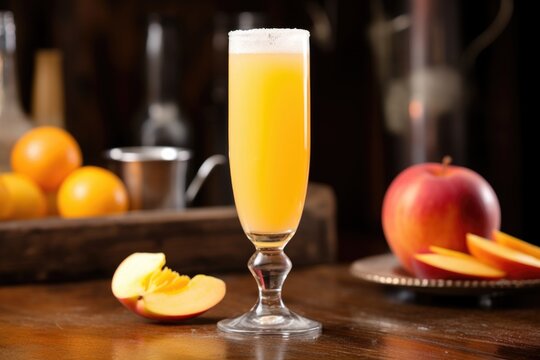 bellini cocktail with peach slices on a bar