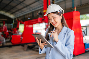 Portrait of Female Manager or Chief Engineer Wearing Hard Hat Monitoring Production Conveyor with Tablet Computer in modern industrial factory.