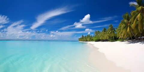 pristine sandy beach with fine white sand meeting the gentle roll of turquoise ocean waves