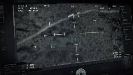 Using Army Drone Interface For Destruction Of Terrorists On Battlefield. Army Drone Aims At Transport Truck. Enemy Destruction Mission. Army Operation. Drone Shoots Rocket. Explosive Destruction - Powered by Adobe