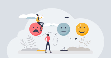 Evolving emotions and psychological feeling development tiny person concept. Find mental solution with therapy and support vector illustration. Personal skill to control your anger and mindset. - obrazy, fototapety, plakaty