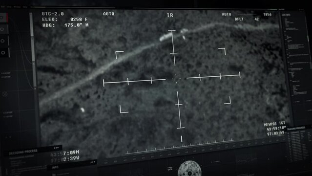 Using Army Drone Interface For Destruction Of Terrorists On Battlefield. Army Drone Aims At Transport Truck. Enemy Destruction Mission. Army Operation. Drone Shoots Rocket. Explosive Destruction