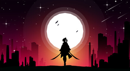 samurai background. Japanese cyberpunk samurai. landscape fantasy wallpaper. urban samurai girl illustration. © riansa28