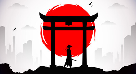 lady Samurai with red moon wallpaper. urban samurai wallpaper. japanese samurai background.  japan theme background.