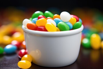 a white cup full of colorful jelly beans