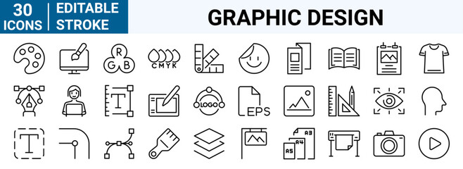 set of 30 line web icons graphic design. development. creative process. Editable stroke. Vector illustration