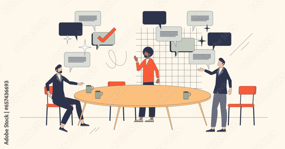 Aufkleber collaborative brainstorming and business briefing retro tiny person concept. meeting with efficient 