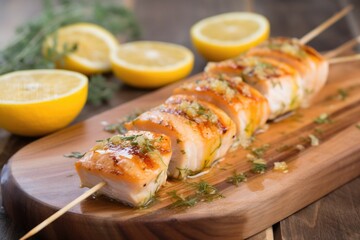 citrus glazed fish skewered on wooden stick, on marbled surface