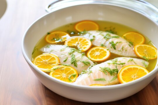 white fish soaking in a citrus marinade in a shallow bowl
