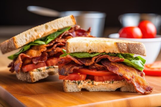 closeup image of a blt sandwich focusing on bacon