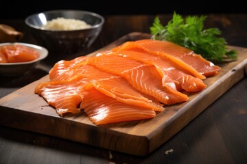 smoked salmon slices arranged on wooden board
