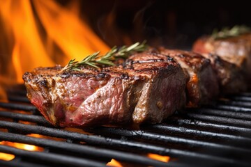 macro shot of a seared porterhouse steak on the grill with flames