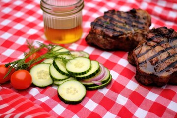 Fototapeta na wymiar grilled chops on red checkered picnic cloth with pickles and bread
