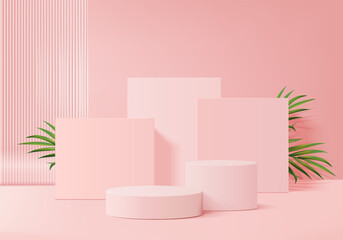 3d background products display podium scene with green leaf geometric platform. background vector 3d render with podium. stand to show cosmetic products. Stage showcase on pedestal display pink studio
