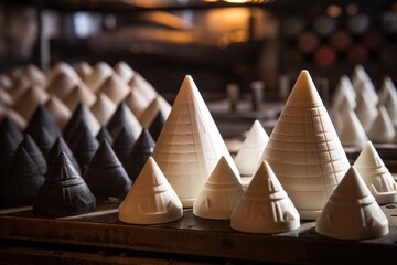 close-up of pyramidal and spherical candle moulds - obrazy, fototapety, plakaty