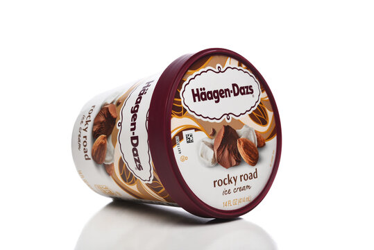 IRVINE, CALIFORNIA - 4 OCT 2023: A carton of Haagen-Dazs Rocky Road Ice Cream on its side
