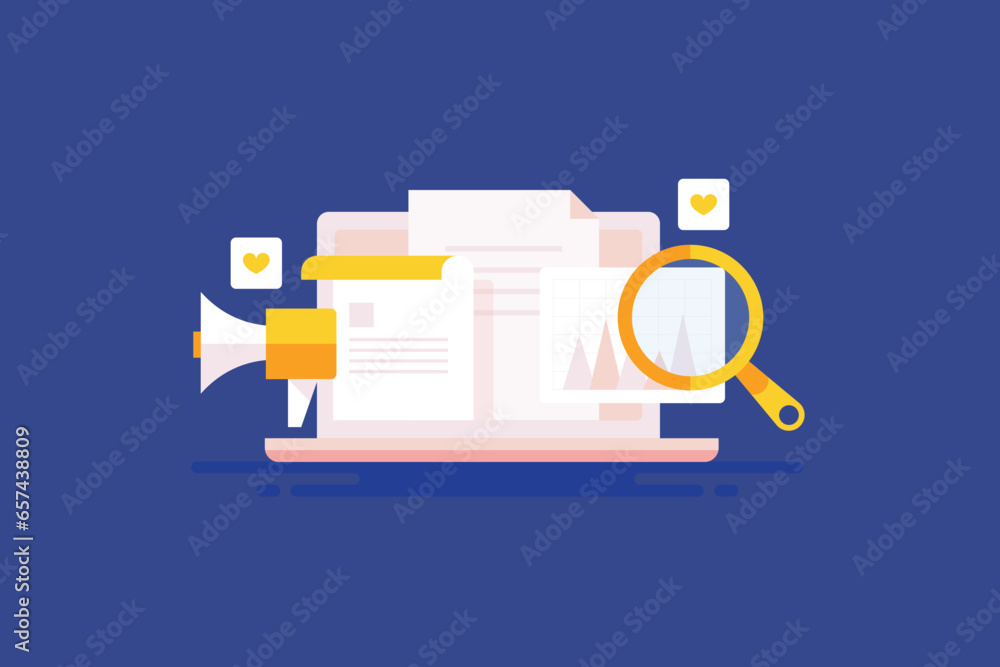 Poster visual and text content marketing online, digital promotion branding on internet, megaphone message 