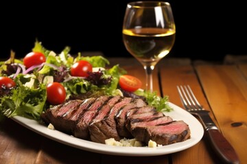 fresh grilled sirloin steak next to a gourmet salad