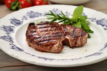 lamb chop with grill marks on a porcelain plate