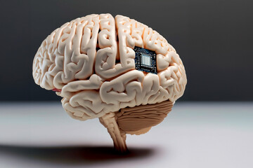 A 3D brain with a small microchip implanted. Brain chip, space for text.