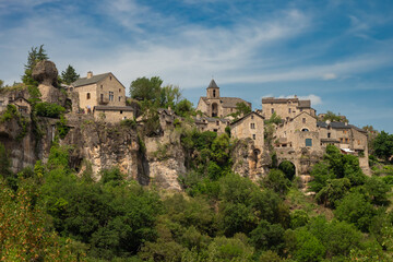 Aerial view of the beautiful french village of Nant in Averyon, Occitanie, France