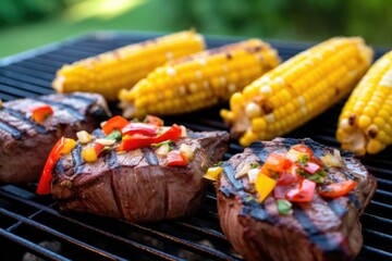 steak on grill with corn cobs and bell peppers