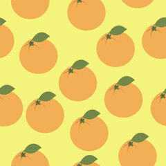 Seamless pattern of oranges with leaves on a yellow background.Vector pattern for textiles,paper,juice packs.